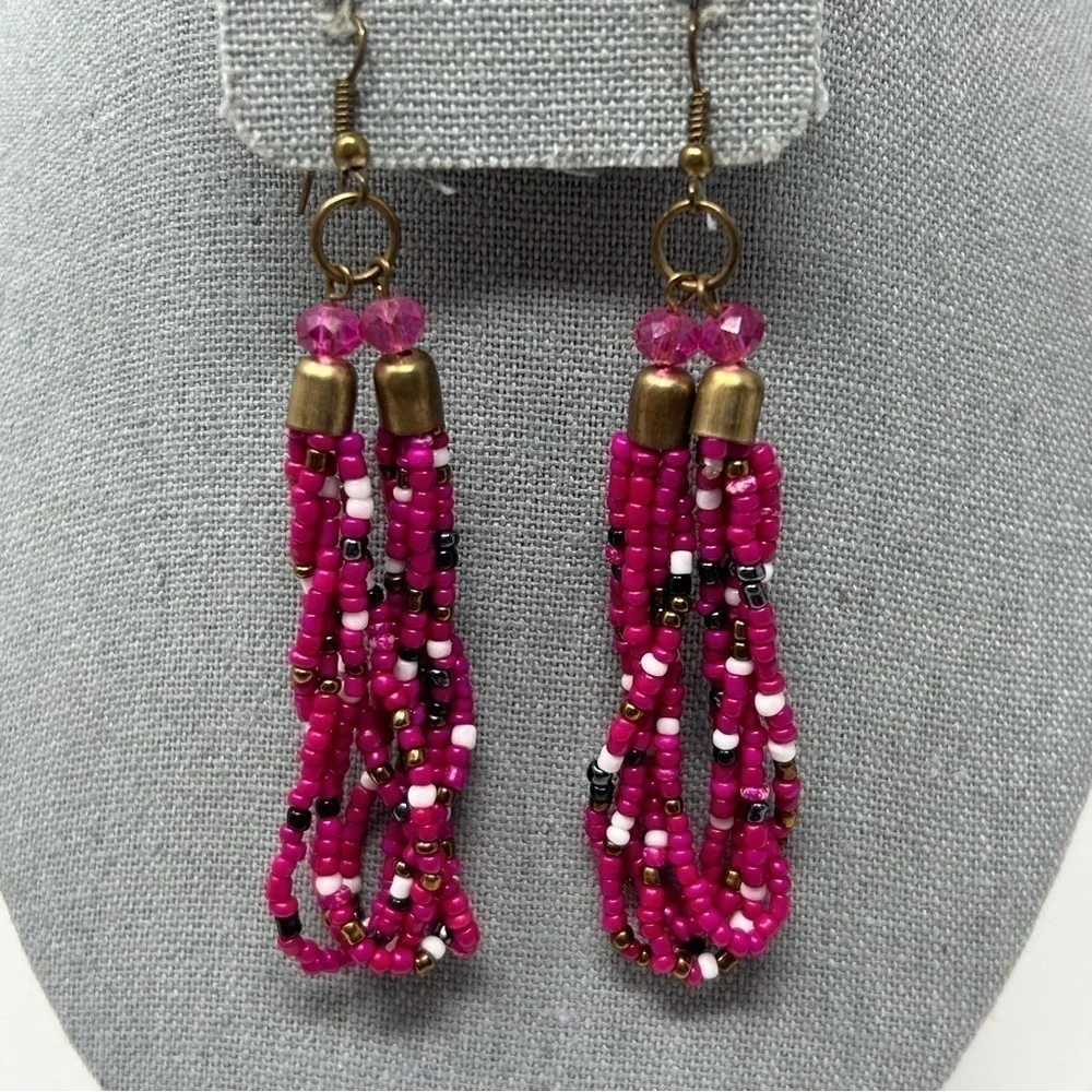 Pink Long Layered Beaded Dangle Earrings